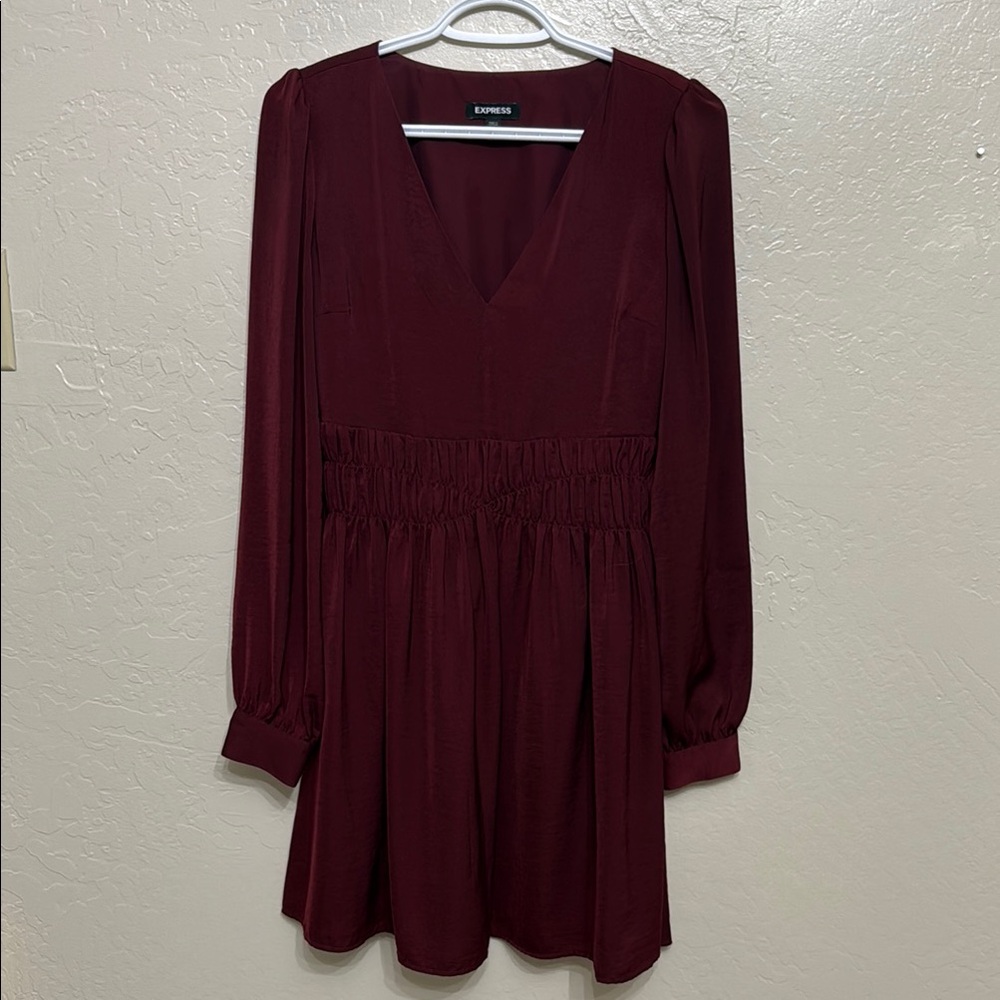 Express Satin Burgandy Long Sleeve Dress